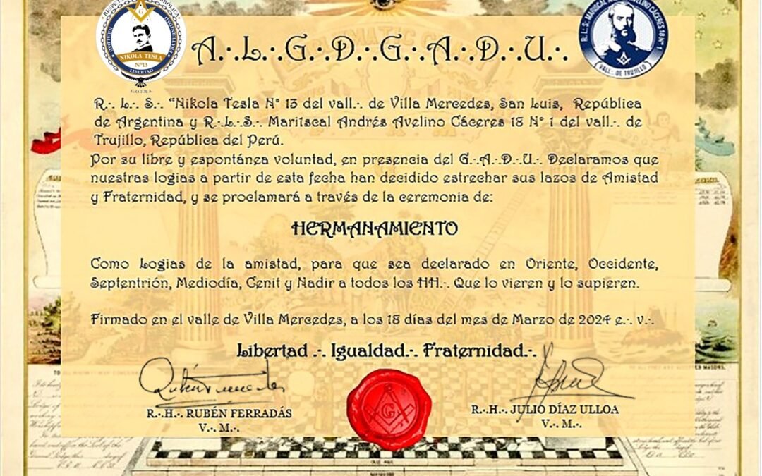 EL PASADO 18 DE MARZO SE REALIZÓ LA TENIDA VIRTUAL DE HERMANAMIENTO CON LA R.L.S. MARISCAL ANDRÉS AVELINO CÁCERES 18 Nº1 DEL VALLE DE TRUJILLO DEL PERÚ FIRMANDO EL PACTO DE AMISTAD SU VM JULIO DIAZ ULLOA Y POR LA RESPETABLE LOGIA NIKOLA TESLA EL VENERABLE MAESTRO RUBÉN FERRADÁS.